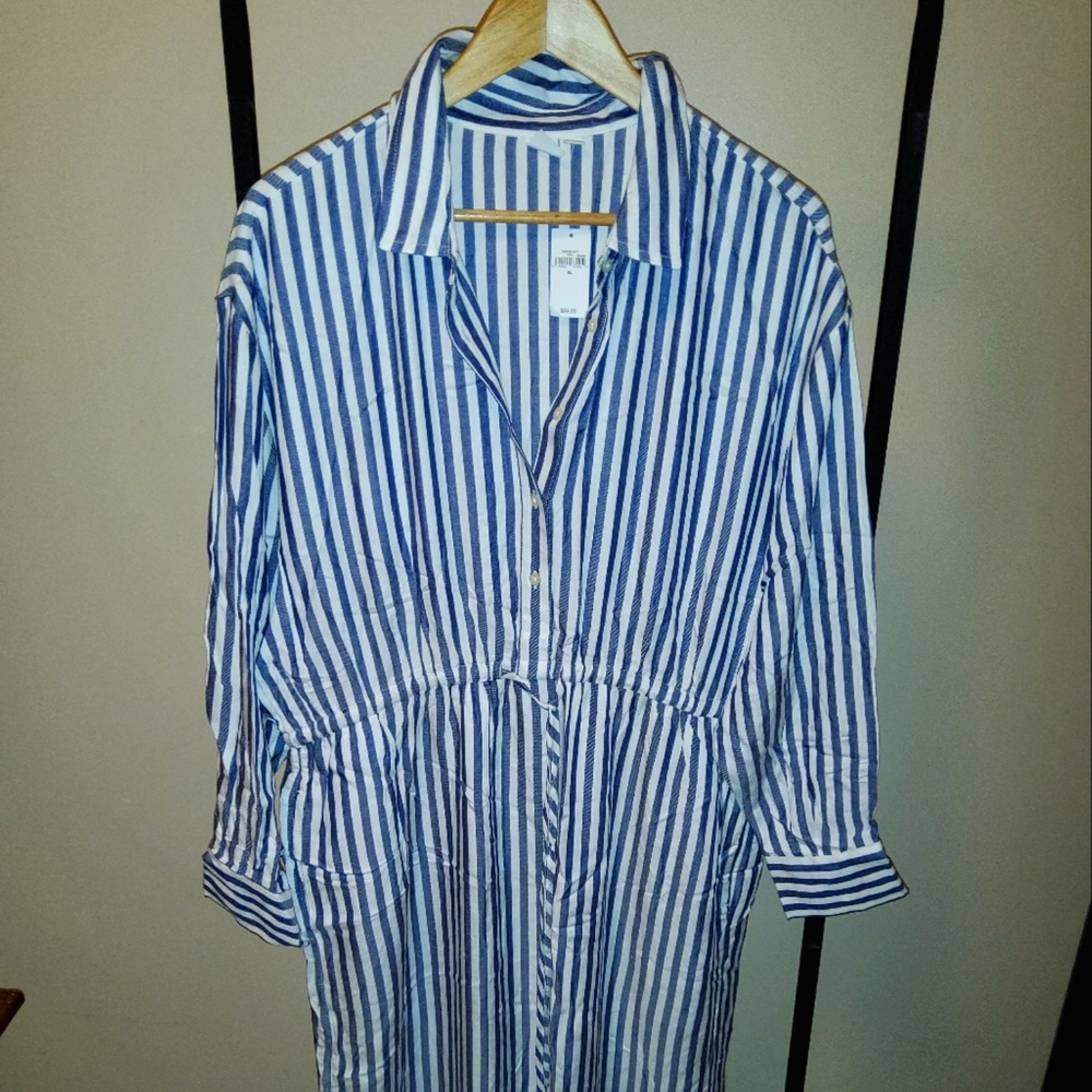 GAP Blue and White Striped Maxi Shirt Dress